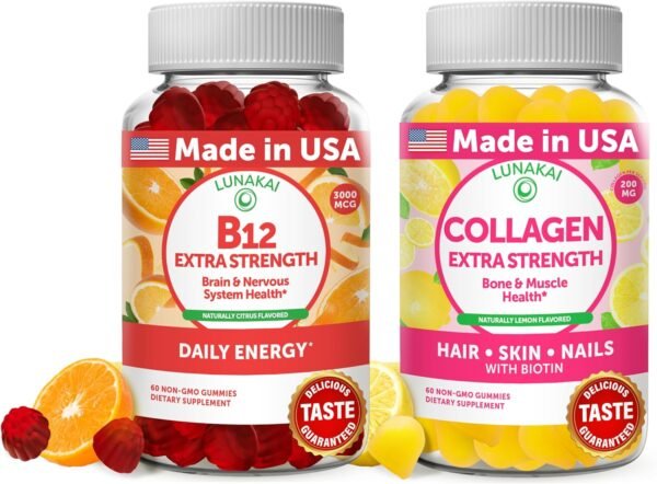 Lunakai Vitamin B12 and Collagen Gummies Bundle - 3000 mcg Methylcobalamin High Absorption Energy Gummies - Non-GMO Anti Aging Supplements for Men & Women - 30 Days Supply