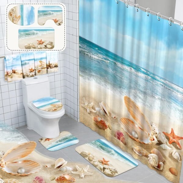 8 Pcs Summer Beach Shower Curtain Set Bathroom Decor Sea Ocean Waterproof Bathroom Accessories Shower Curtain Sets with Towels Carpet Bath Mat Toilet Rugs and 12 Hooks