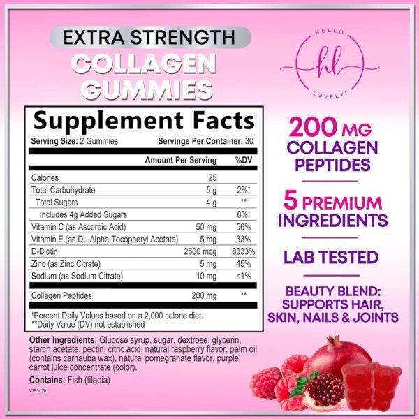811Y9vunSjL._AC_SL1500_.jpg Collagen Peptide Gummies for Women with Biotin - Hydrolyzed Collagen for Hair, Skin, Nail, Bone Health & Joint Support - Extra Strength Best Peptides Supplement for Women & Men, Non-GMO - 60 Gummies