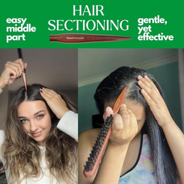 811YzmgLisL._SL1500_.jpg GranNaturals Teasing Boar Bristle Hair Brush for Women - Slick Back Comb with Rat Tail Pick for Hair Sectioning Used for Edge Control, Backcombing, Smoothing, and Styling Fine Hair to Create Volume
