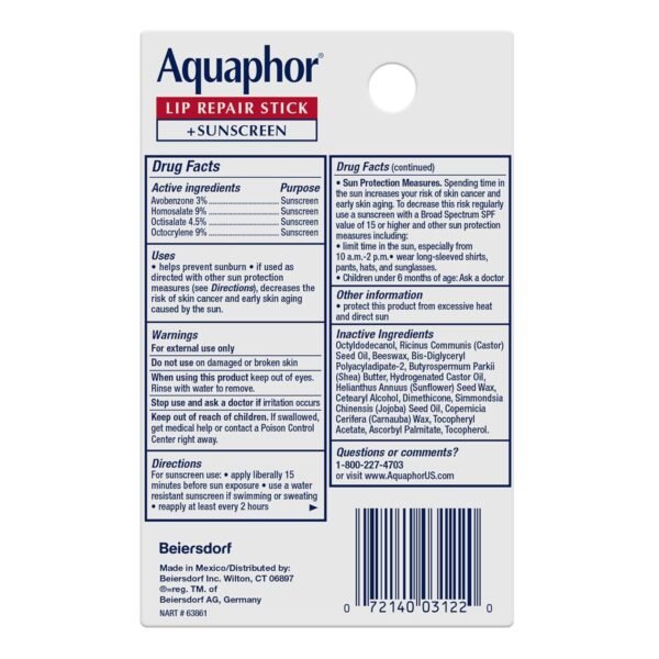 811ZUNCsynL._SL1500_.jpg Aquaphor Lip Repair and Protect Stick with Sunscreen, Broad Spectrum SPF 30 Sunscreen Lip Balm, 0.17 Oz Stick, Pack of 4