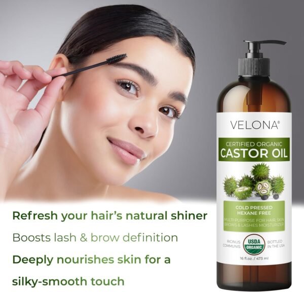 velona USDA Certified Organic Castor Oil - 64 fl oz | For Hair, Boost Eyelashes, Eyebrows | Cold pressed, Natural Oil, USP Grade | Hexane Free