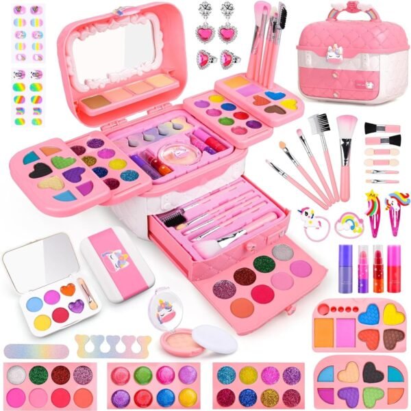 Auney 80 PCS Kids Makeup Kit for 5 6 7 8 Years Old, Unicorn Girls Toy for Little Girls Birthday, Princess Dolls Dress Up Toy for Performance Dance Show Role Play Party