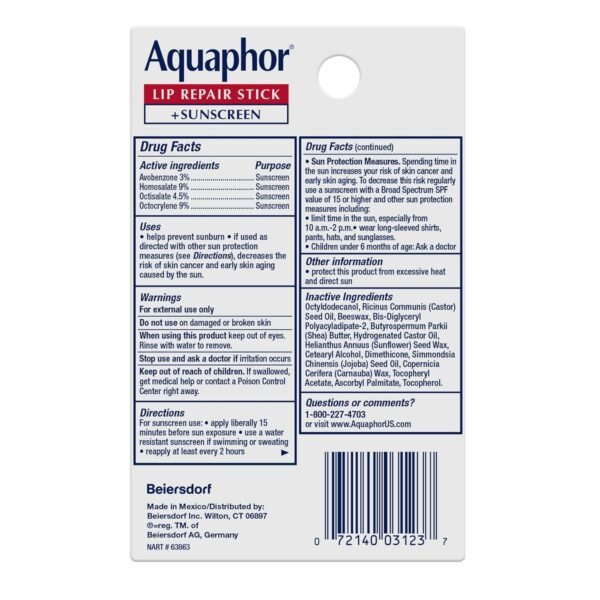 811pLGtkqSL._SL1500_.jpg Aquaphor Lip Balm Set with Jojoba Oil and Shea Butter, Lip Repair Stick (2 x 0.17 Oz) + Repair Stick with Sunscreen SPF 30 (2 x 0.17 Oz), Fragrance Free, Paraben Free, Immediately Relieves Dryness