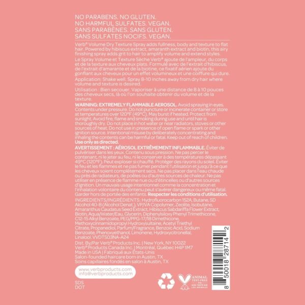 VERB Volume Dry Texture Spray- Boosts Volume, Adds Fullness & Weightless Grit - Sulfate, Paraben and Gluten Free