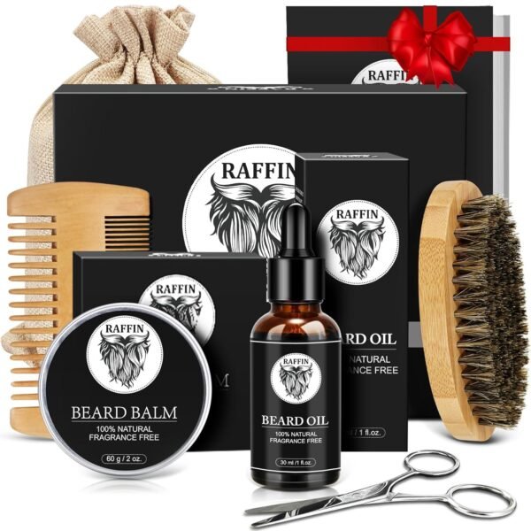 Mens Gifts - Beard Kit with Oil, Balm, Brush, Comb, Scissors, E-book, Outfits Men's Grooming Routine, Anniversary & Birthday Gifts for Men, Him, Husband, Boyfriend, Son, Male Friend, Brother, Dad