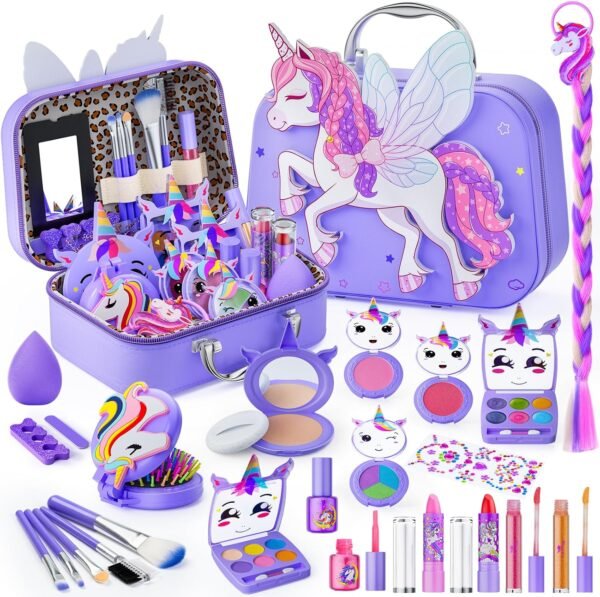Kids Makeup Kit for Girl - Kids Makeup Girl Toys with Flying Horse Storage Case, Girl Makeup Sets Kids Toys Kids Play Makeup Set for Girls Christmas Birthday Gift Toys 3-12 Years Old Girl
