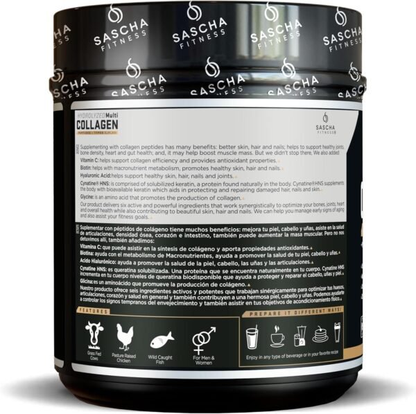 812PeenzlGL._AC_SL1500_.jpg SASCHA FITNESS Hydrolyzed Multi Collagen Peptides Tipes 1,2 & 3 |Hyaluronic Acid|Biotin |Cynatine HSN|Vitamin C & E |for Hairs, Skin & Bone Support|Caramel Macchiato