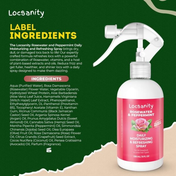 Locsanity Daily Moisturizing Refreshing Spray for Locs, Dreadlocks - Rose Water and Peppermint Hair Scalp Moisturizer, Dreadlock Spray - Natural Loc Care and Maintenance (8oz)
