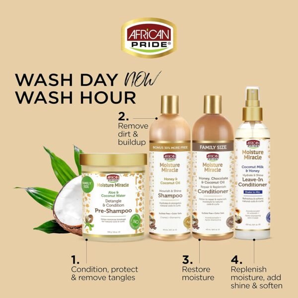 African Pride Moisture Miracle Pre-Shampoo Hair Detangler with Aloe & Coconut Water | Minimizes Breakage, Hydrates & Strengthens | Pre-Poo Treatment for Natural Coils & Curls | 18 oz.