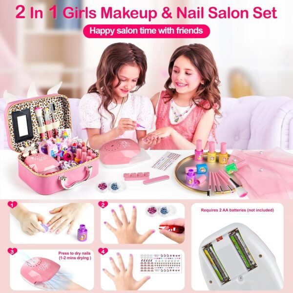 Kids Makeup Kit for Girl - 2 In 1 Kids Washable Makeup Toys & Nail Art Kit with Nail Dryer and Cosmetic Storage Case, Kids Play makeup for Girls, Real Girl Makeup Set for Ideal Gift Toys for 3-12 Year