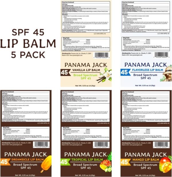 813DwCQQq5L._AC_SL1500_.jpg Panama Jack Sunscreen Lip Balm - SPF 45, Flavor Pack, Broad Spectrum UVA-UVB Sunscreen Protection, Prevents & Soothes Dry, Chapped Lips (Dreamsicle/Vanilla/Tropical/Mango)