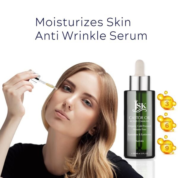 813KOt8Z5NL._SL1500_.jpg JSK Organic Castor Oil for Hair Growth, Eyelash Serum, USDA Certified Cold-Pressed Unrefined Hair Oil, 100% Pure Hexane-Free, 3.3 Oz Glass Bottle with Bonus Silk Hair Bonnet