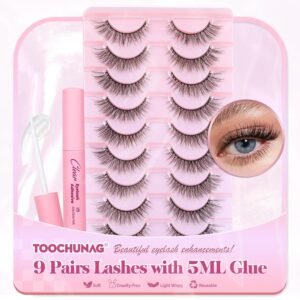 813LbshhA0L._SL1500_.jpg Natural Lashes Kit with Lash Glue 3D False Eyelashes Wispy 12mm Short Cat-Eye Lashes with 5ML Clear Eyelash Glue 9 Pairs Fake Eyelashes with Glue by TOOCHUNAG