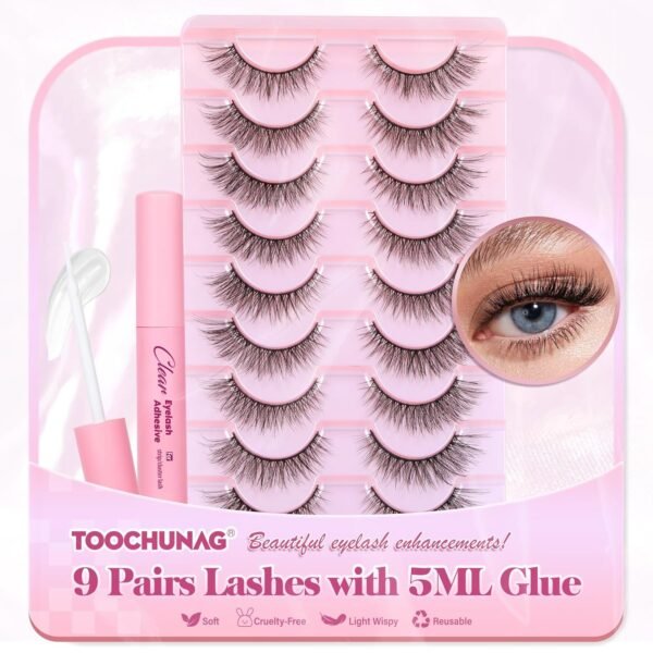 813LbshhA0L._SL1500_.jpg Natural Lashes Kit with Lash Glue 3D False Eyelashes Wispy 12mm Short Cat-Eye Lashes with 5ML Clear Eyelash Glue 9 Pairs Fake Eyelashes with Glue by TOOCHUNAG