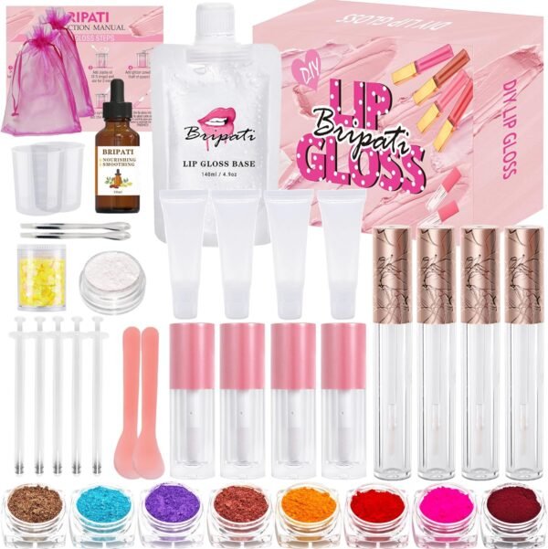 BRIPATI DIY Lip Gloss Making Kit, 46PCS DIY Lip Gloss Kit to Make Your Own Lip Gloss, Moisturizing Lip Glaze Handmade Set, Beginner Lip Gloss Kit, Lip Gloss Making Supplies Set for Women Girls