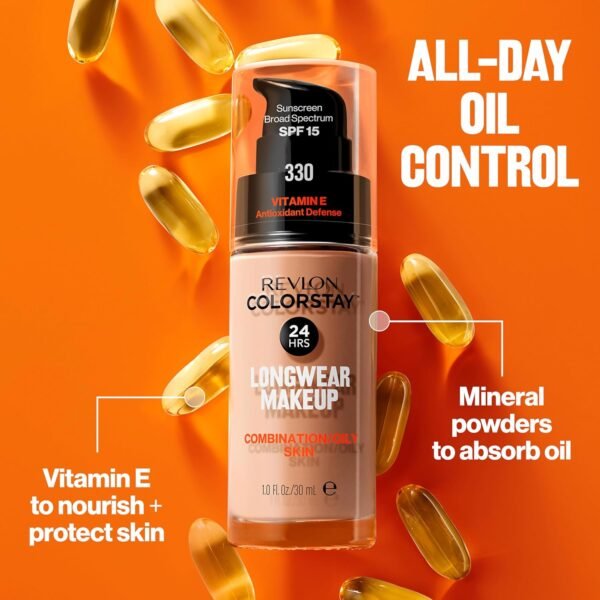 Revlon Liquid Foundation, ColorStay Face Makeup for Combination & Oily Skin, SPF 15, Medium-Full Coverage with Matte Finish, 180 Sand Beige, 1 Fl Oz