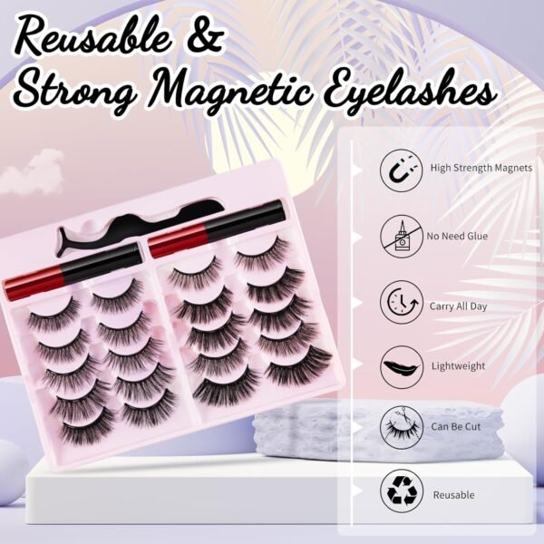 [10 Pairs] Magnetic Eyelashes and Eyeliner Kit, Reusable Magnetic Lashes with Eyeliner and Tweezers, 3D Natural Look False Eyelashes (10 PAIRS)