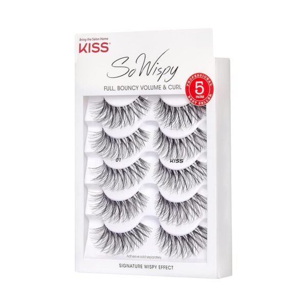 813q1YNtzL._SL1500_.jpg KISS So Wispy, False Eyelashes, 'Style #01', 14 mm, Includes 5 Pairs Of Lashes, Contact Lens Friendly, Easy to Apply, Reusable Strip Lashes, Multipack
