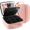 MOMIRA Makeup Train Case with Light & Mirror Large Cosmetic Organizer with Adjustable Dividers for Cosmetics,10X Magnifying Makeup Mirror,Pink