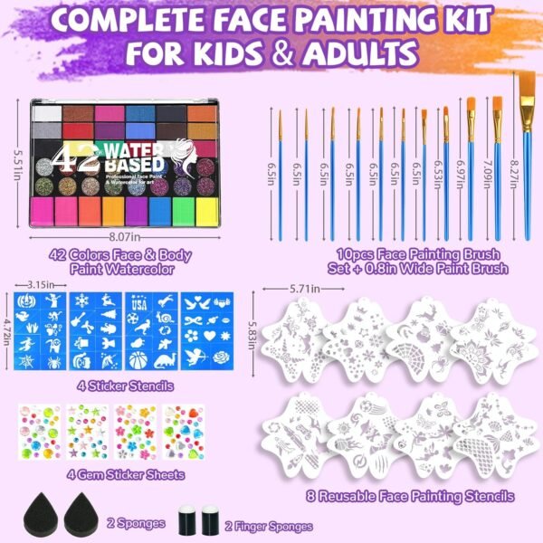 Professional Face Painting Kit for Kids – 42 Color Water Activated Facepaint Makeup Kit, Non-Toxic face Paint with Stencils, Gems, Brushes– for Halloween, Parties, Carnival, School Event & Festivals