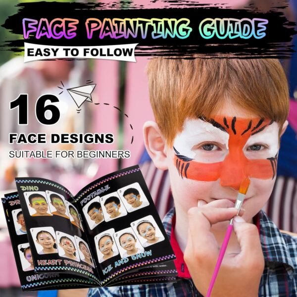 Face Painting Kit for Kids, 24 Colors Washable Face Paint, Safe for Sensitive Skin, Non-Toxic Professional Face Painting Kit, Halloween Birthdays Makeup Set with Stencils, Guide Book