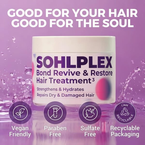 SOHLPLEX Bond Revive & Restore Treatment for Dry Damaged Hair, Deep Conditioning Mask for Frizzy & Damaged Strands. Moisturizes & Strengthens. Vitamins B3, B5, B7, C & E.Vegan & Cruelty-Free-6.76 FlOz