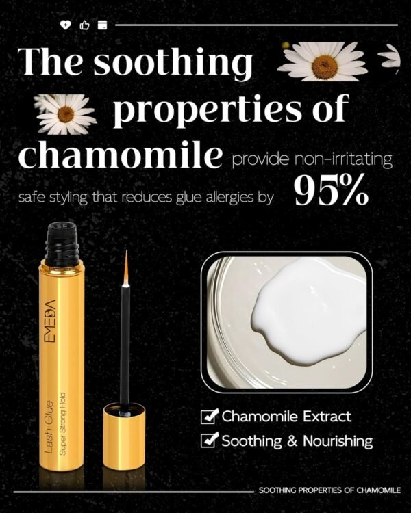 Lash Eyelash Glue Adhesive Waterproof - Chamomile Super Strong Hold Latex Free Hypoallergenic Formaldehyde-Free Strip Eyelash Adhesive 5ml 0.17fl.oz Clear Lash Glue by EMEDA (White)