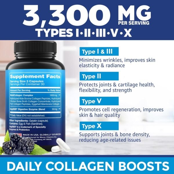 Multi Collagen Pills (Types I, II, III, V & X) - Multi Collagen & Bone Broth Capsules - Made in USA - Grass Fed Collagen Peptides - Anti-Aging Collagen Supplements - Hydrolyzed Collagen Capsules