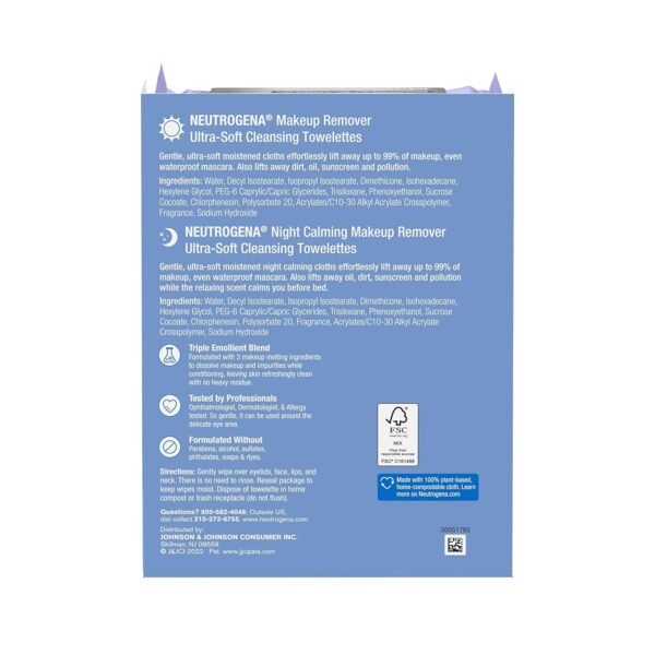 Neutrogena Day & Night Facial Cleansing Wipes, Makeup Remover Face Cleansing Towelettes & Night Calming Facial Cloths, 100% Plant Based Fibers Wipe Away Dirt & Oil, (3 Packs of 25)