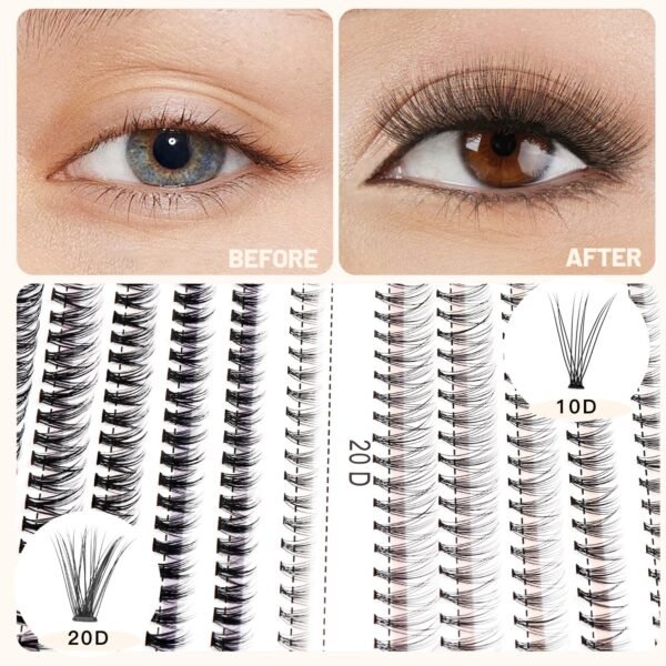 Bodermincer Lash Extension 240pcs C Curl 10D/20D Cluster 8/9/10/11/12mm,10/11/12/13/14mm,12/13/14/15/16mm Mixed Individual Cluster Lashes (10D+20D 8/9/10/11/12mm and Under Eyelashes)