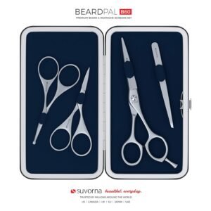 Premium Beard & Mustache Set with Beard scissors for men - Facial Hair/Nose/Eyebrow Scissors - Slant Tweezers (4 Pcs Dark Blue)