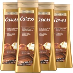 Caress Body Wash for Women, Shea Butter & Brown Sugar, Hydrating and Exfoliating Shower Gel for Gorgeous Radiant Skin, 20 fl oz, 4 Pack