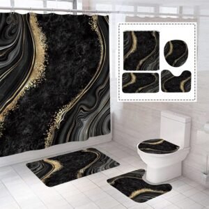 beifivcl 4Pcs Luxury Marble Shower Curtain Sets, Bathroom Sets with Shower Curtain, Toilet Lid Rug, Bath Mat and Contour Mat, Shower Curtain with 12 Hooks for Bathroom Set Decor 72 x 72 Inch, Black﻿