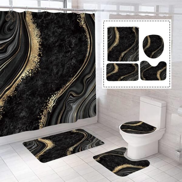 beifivcl 4Pcs Luxury Marble Shower Curtain Sets, Bathroom Sets with Shower Curtain, Toilet Lid Rug, Bath Mat and Contour Mat, Shower Curtain with 12 Hooks for Bathroom Set Decor 72 x 72 Inch, Black﻿
