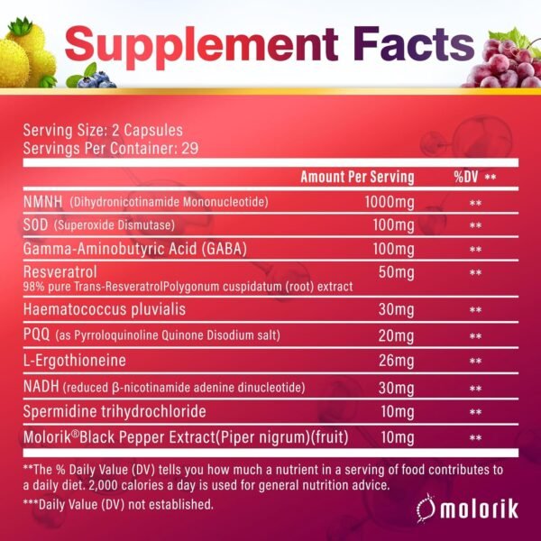 NMNH (Dihydronicotinamide Mononucleotide), 1000mg Per Serving NAD High Purity Supplement Alternative, 58 Capsules Gluten Free, Non-GMO, for Anti-Aging, Energy, Focus - 29 Servings