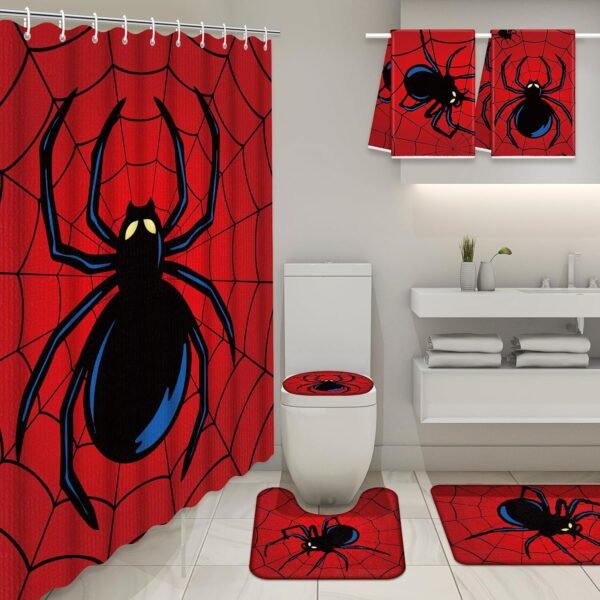 Nuanchu 6 Pcs Spider Shower Curtain Set with Bath Mat U Shaped Mat Toilet Cover 2 Bath Towels and 12 Hooks Red Bathroom Decor Spider Bathroom Set, 71 x 71 Inch