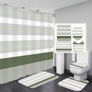 DDQQ 4Pcs Boho Streak Shower Curtain Sets with Rugs Sage Green Stripe Bathroom Sets Shower Curtain with 12 Hooks Bathroom Decor with Rugs Bath Accessories with Mats Toilet Lid Cover