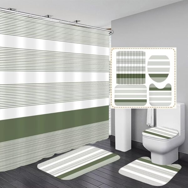 DDQQ 4Pcs Boho Streak Shower Curtain Sets with Rugs Sage Green Stripe Bathroom Sets Shower Curtain with 12 Hooks Bathroom Decor with Rugs Bath Accessories with Mats Toilet Lid Cover