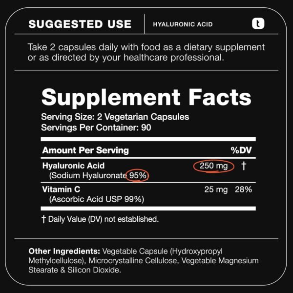 Hyaluronic Acid Supplements – Lab Tested 95% Ultra High Purity – Fermented and Bioavailable with Vitamin C – Third Party Lab Tested – 180 Capsules