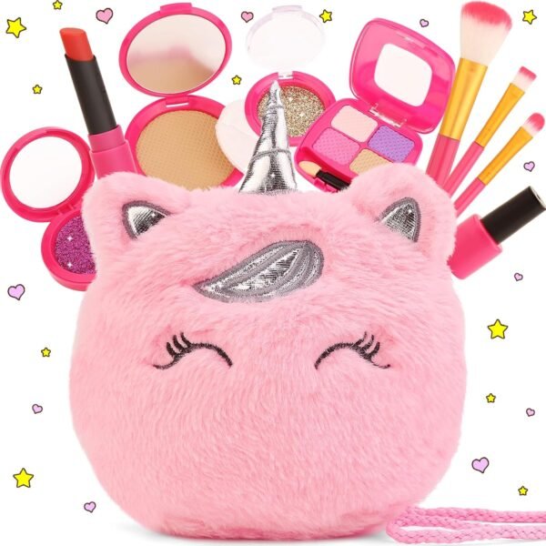 Pretend Makeup Kit for Toddlers Girls Toys Age 3 4 5 6 7 8 Years Old Gifts, Fake Play Makeup Set for Kids Toy 3-5 4-6, Unicorn Princess Little Girl Purse with Make up