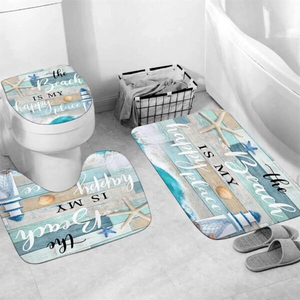 Chrainy 4Pcs Nautical Ocean Shower Curtain Sets Sea Wooden Bathroom Set Decor with Non-Slip Rugs Bath U-Shaped Mat Toilet Lid Cover Starfish Lighthouse Bathroom Curtain Shower Set with 12 Hooks