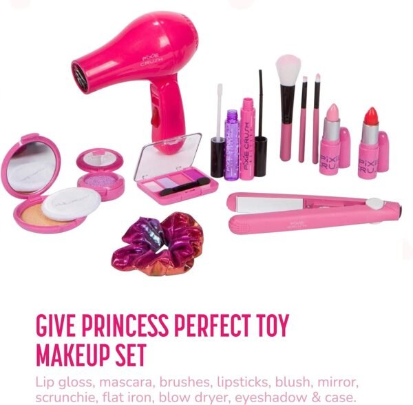 PixieCrush Kids Makeup Kit - Play Hair Styling and Pretend Beauty Set with Hair Dryer and Flat Iron - Fake Makeup for Girls Ages 3-10 - Comes in a Pink Carrying Case