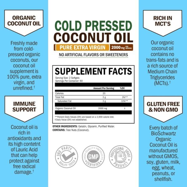 817TeoMZskL._AC_SL1500_.jpg Coconut Oil Capsules 2000mg - Organic Pure Extra Virgin Unrefined Cold Pressed MCT Rich & Non-GMO for Healthy Skin Nails Hair Growth Support Bloating Anti Aging Digestion - 120ct (2 Month Supply)