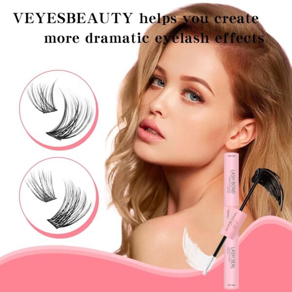 VEYESBEAUTY Lash Bond and Seal Waterproof 2 in 1 Cluster Lash Glue for Eyelash Extensions Long Lasting Strong Hold Individual Eyelash Glue for Self-Application at Home 5ml+5ml