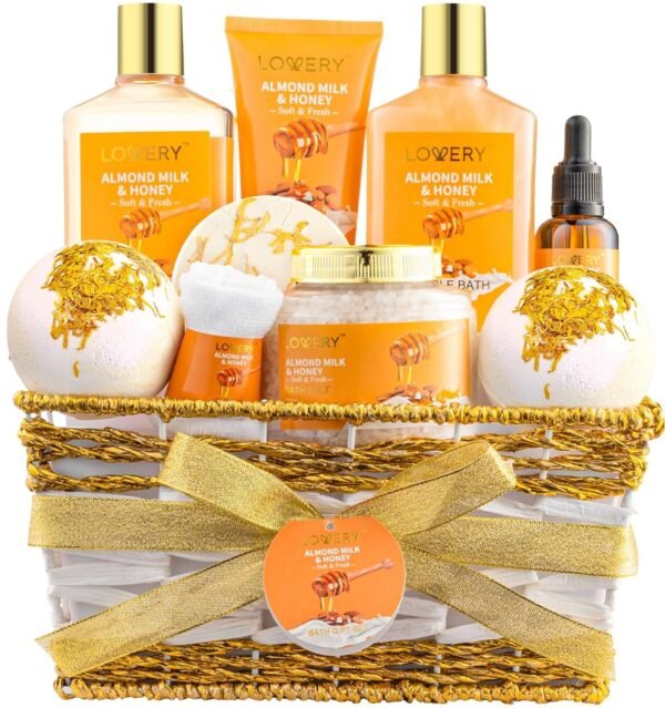 Gifts for Women Gift Basket for Women - 10 Pc Almond Milk & Honey Beauty & Personal Care Set - Home Bath Pampering Package for Relaxing - Spa Self Care Kit - Thank You, Birthday, Mom, Anniversary Gift