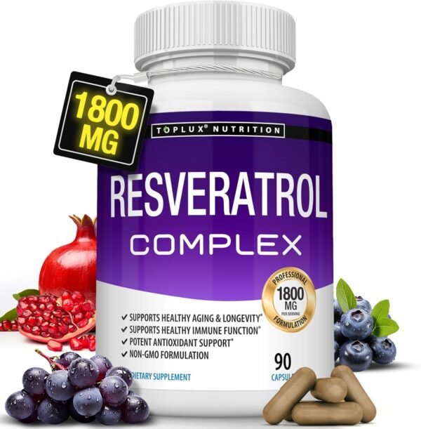 818FaxCi6CL._AC_SL1500_.jpg Resveratrol Supplement 1800 mg Antioxidant Complex - Highly Potent Natural Trans-Resveratrol Pills for Healthy Aging, Overall Health Support, Immune System, Brain Function, for Men Women, 90 Capsules