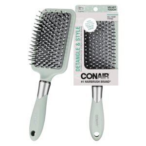 818T-VkqvXL._SL1500_.jpg Conair Velvet Touch Paddle Cushion hair brush - Detangling hairbrush - curly or straight styles - men or women - detangler - features soft touch handle - Sage Green
