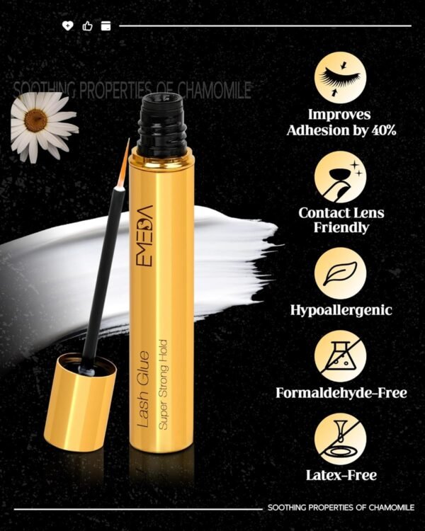 Lash Eyelash Glue Adhesive Waterproof - Chamomile Super Strong Hold Latex Free Hypoallergenic Formaldehyde-Free Strip Eyelash Adhesive 5ml 0.17fl.oz Clear Lash Glue by EMEDA (White)