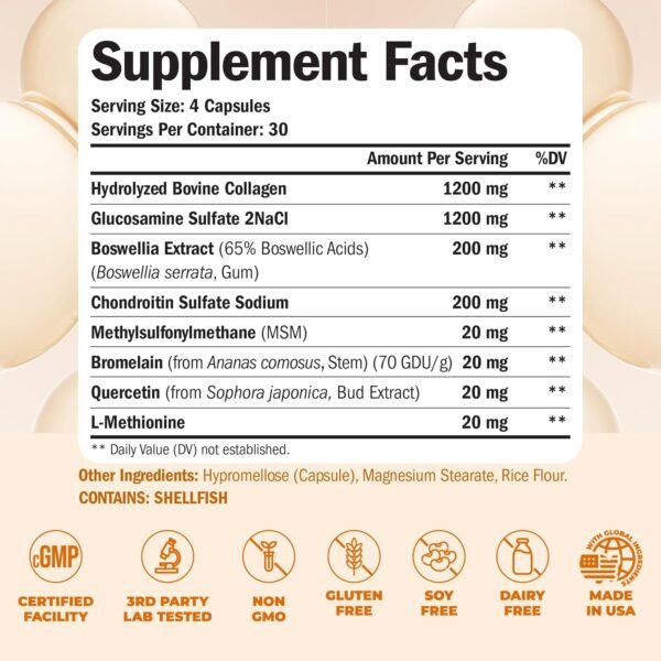 819W7kUnDLL._AC_SL1500_.jpg Glucosamine Chondroitin MSM with Hydrolyzed Collagen Peptides - Joint Support Supplement with Quercetin, Bromelain & Boswellia Extract - Collagen pills for Hair Skin Nails - 120 Capsules